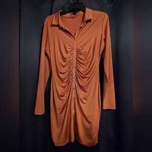 GUESS Los Angeles Ruched Button Front Shirt Dress | Size L | Brown Bodycon